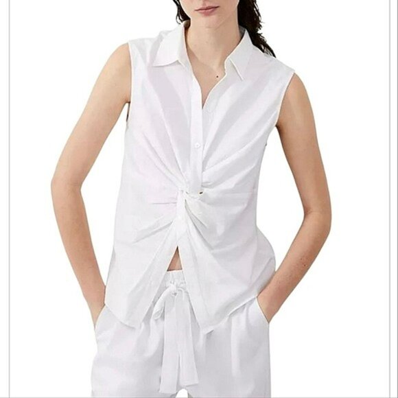 NEW French Connection Women's Blouse Size Medium White Aofie Linen Blend Twist - Picture 16 of 16